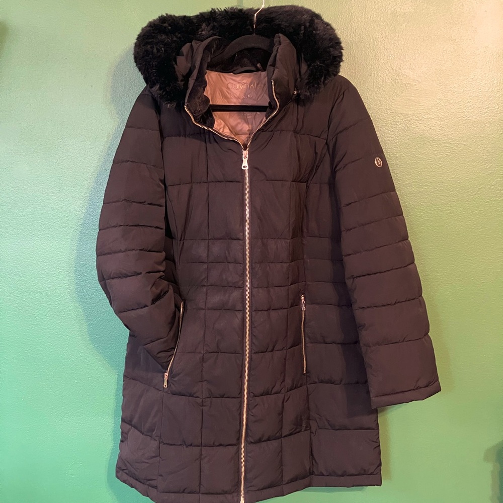 Calvin Klein Long Winter Jacket | Size XL | Black with Taupe Lining | Faux Fur